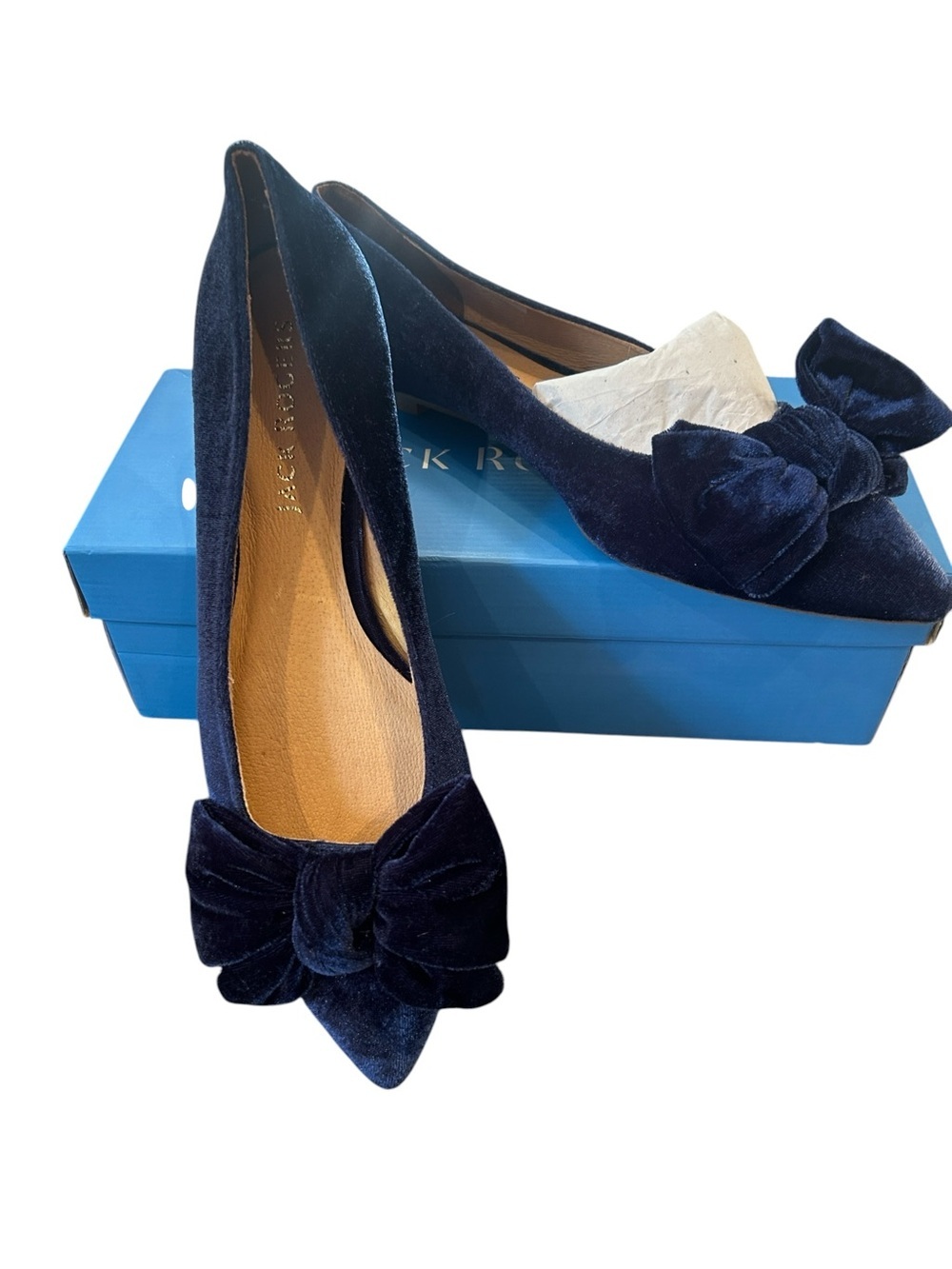 Jack Rogers Midnight Navy Velvet Bow Pointed Toe Flats new in box size 11 M chic